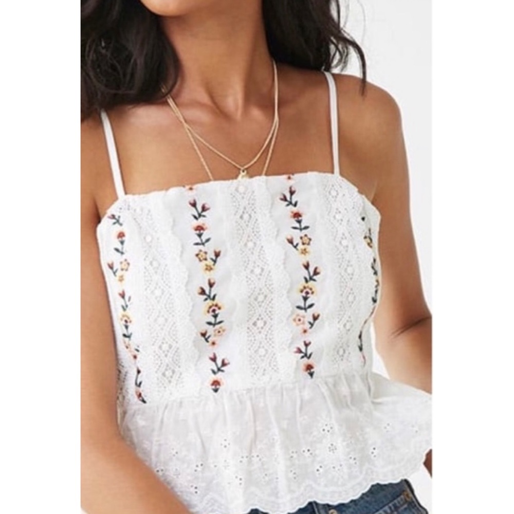 FOREVER 21 Floral Embroidered Zip-Back Cropped Tank Top - Small